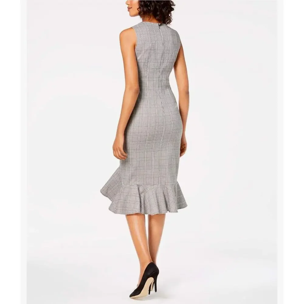 Calvin Klein Plaid Sleeveless Ruffle Belted Dress Size 2 Black White - Picture 4 of 9
